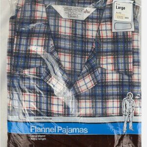 NEW Vintage Sears Blue Plaid Flannel Pajama Set PJs Mens L Long Sleeve Pant 2 PC